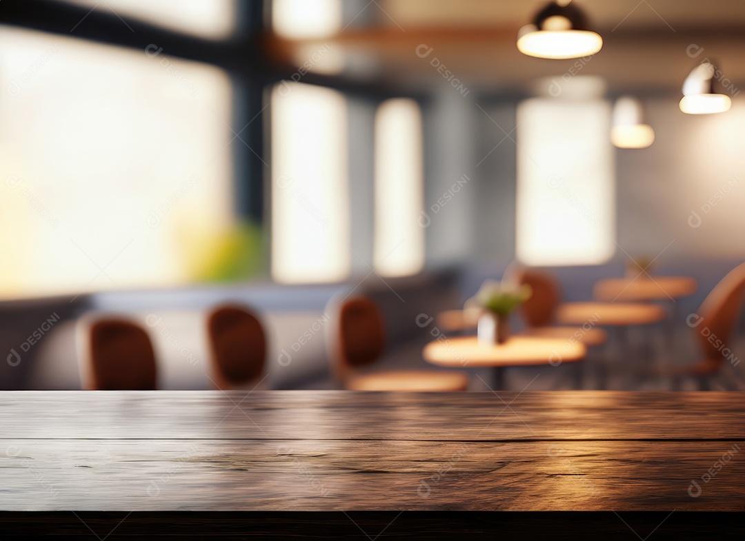 A mesa de madeira escura no café com fundo desfocado com espaço de cópia