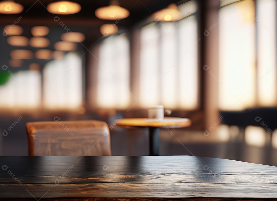 A mesa de madeira escura no café com fundo desfocado com espaço de cópia