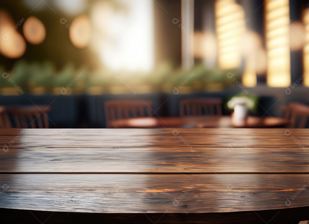 A mesa de madeira escura no café com fundo desfocado com espaço de cópia