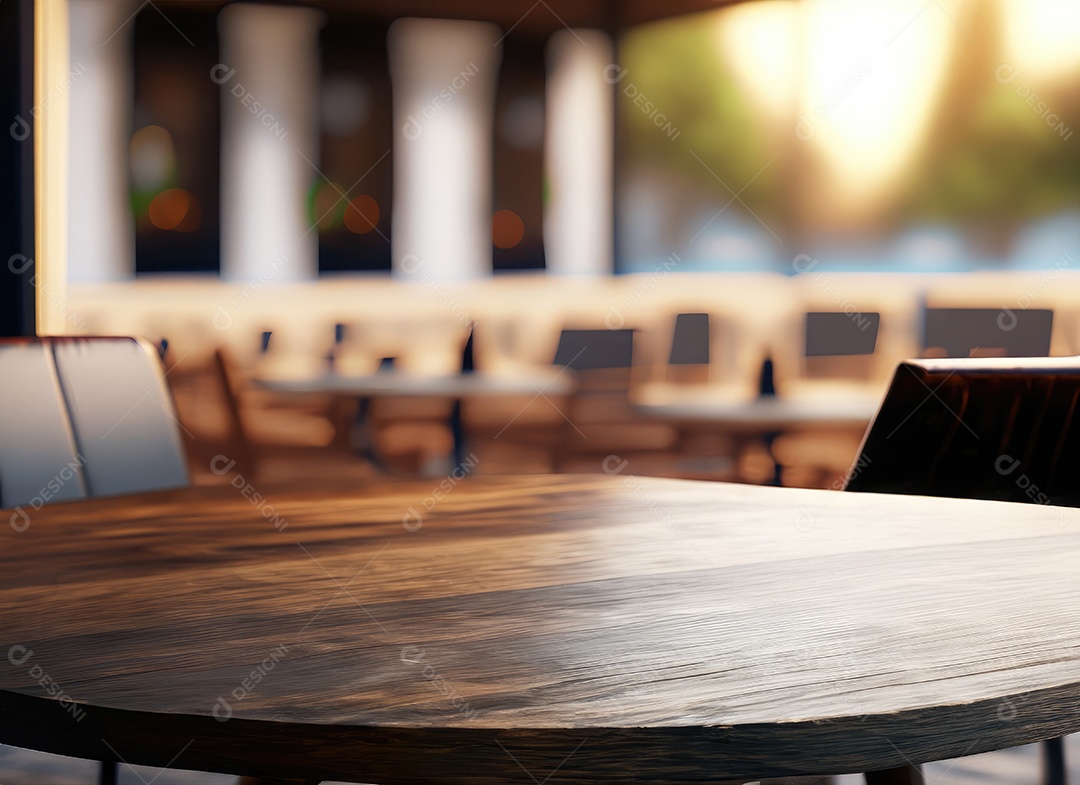 A mesa de madeira escura no café com fundo desfocado com espaço de cópia