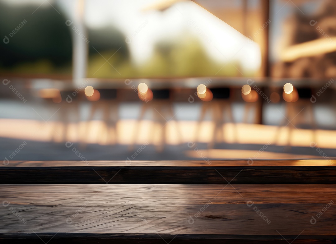 A mesa de madeira escura no café com fundo desfocado com espaço de cópia