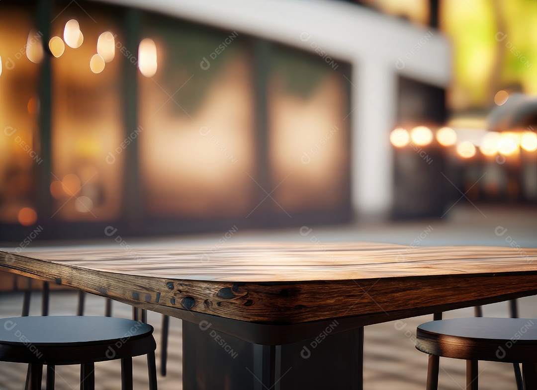 A mesa de madeira escura no café com fundo desfocado com espaço de cópia