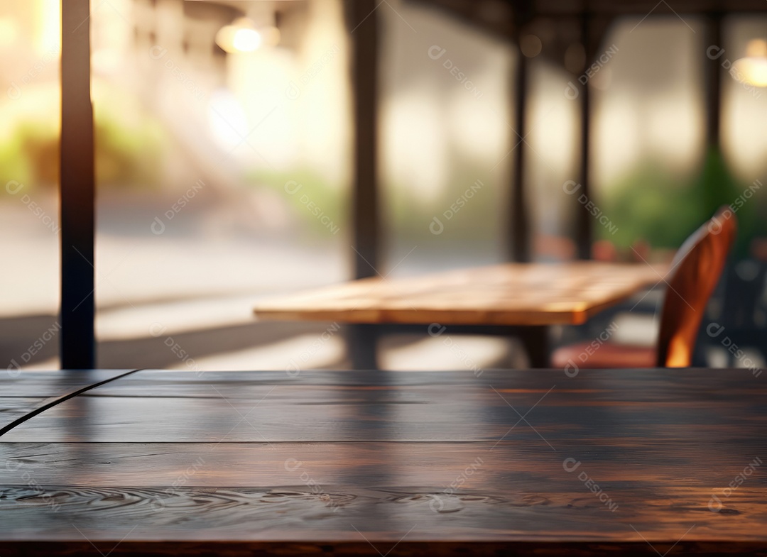 A mesa de madeira escura no café com fundo desfocado com espaço de cópia