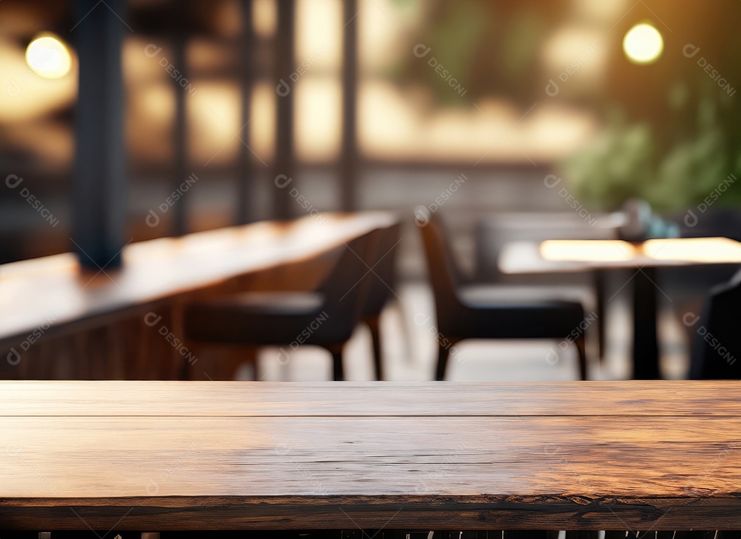 A mesa de madeira escura no café com fundo desfocado com espaço de cópia