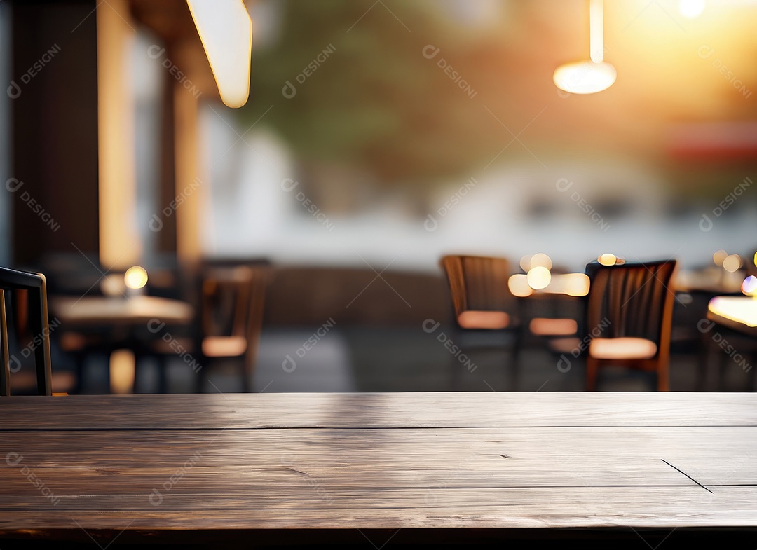 A mesa de madeira escura no café com fundo desfocado com espaço de cópia