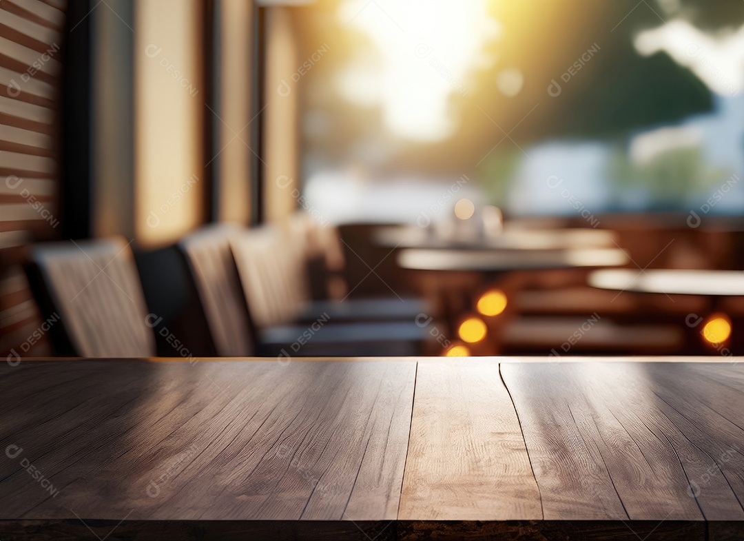 A mesa de madeira escura no café com fundo desfocado com espaço de cópia