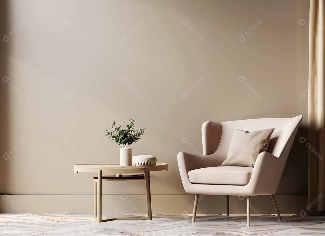 Interior minimalista contemporâneo bege com poltrona