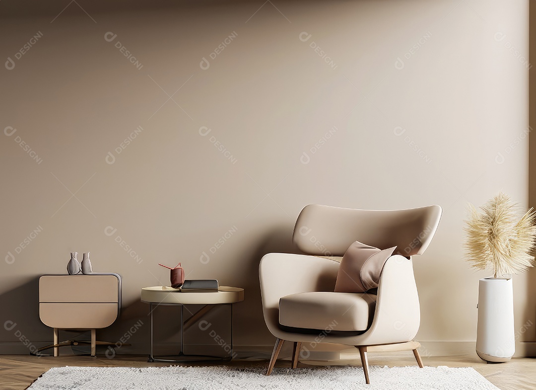 Interior minimalista contemporâneo bege com poltrona