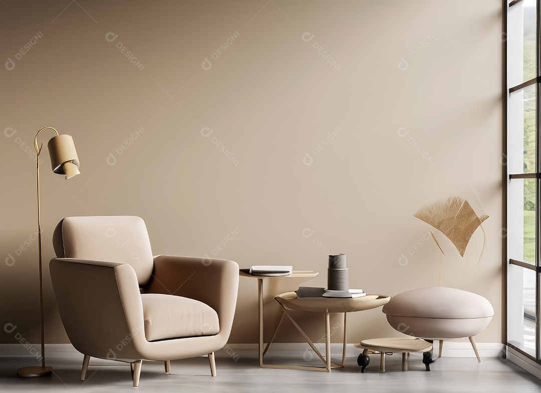 Interior minimalista contemporâneo bege com poltrona