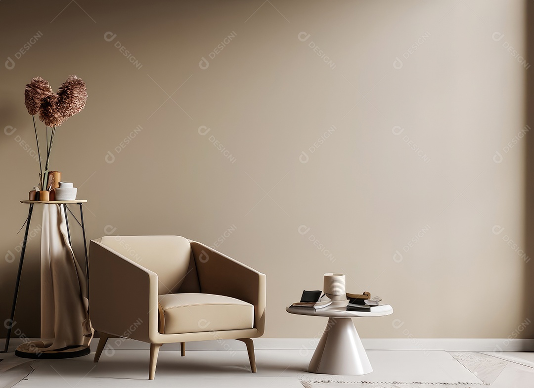 Interior minimalista contemporâneo bege com poltrona