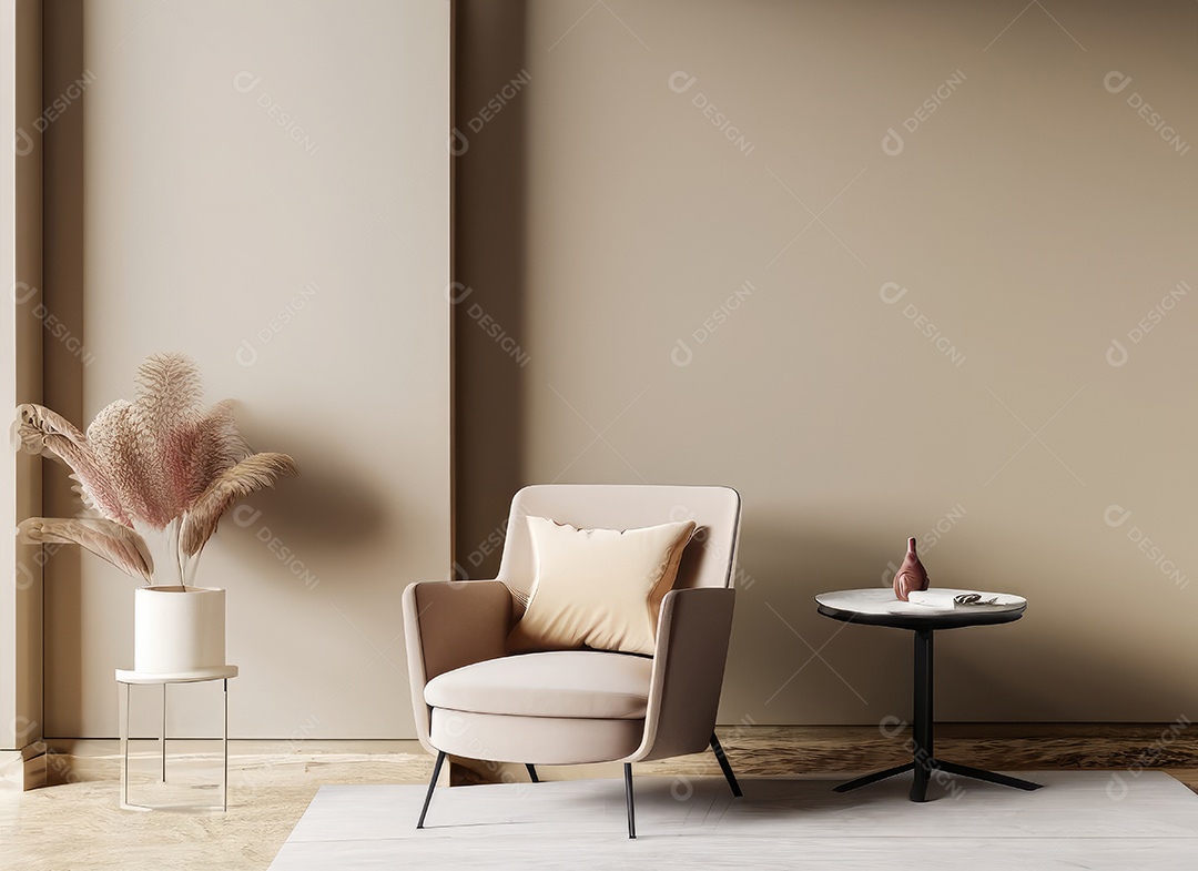 Interior minimalista contemporâneo bege com poltrona