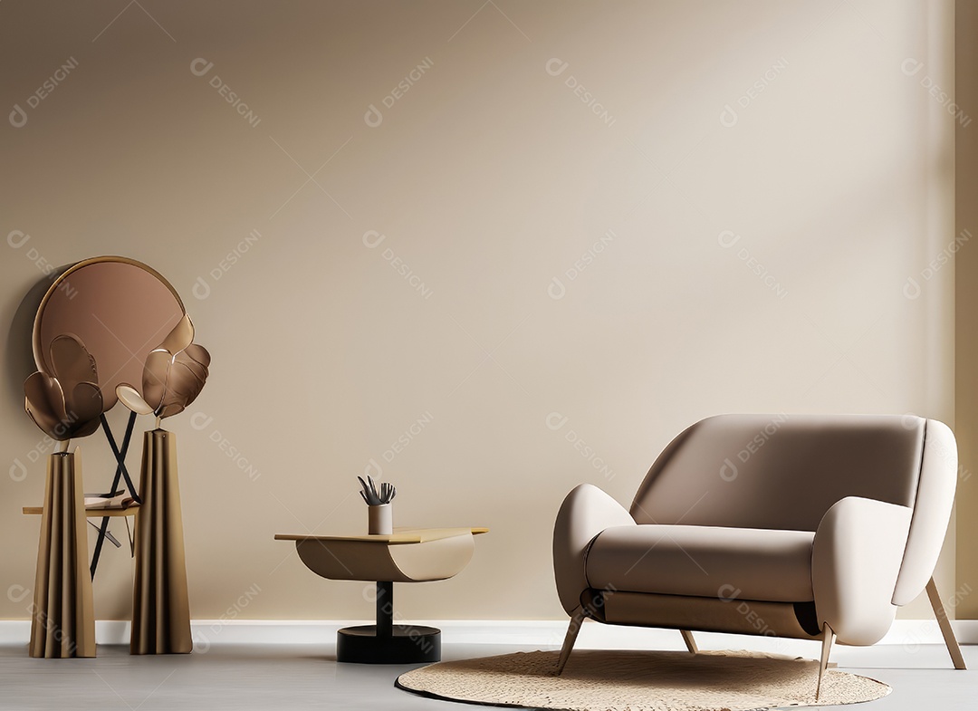 Interior minimalista contemporâneo bege com poltrona