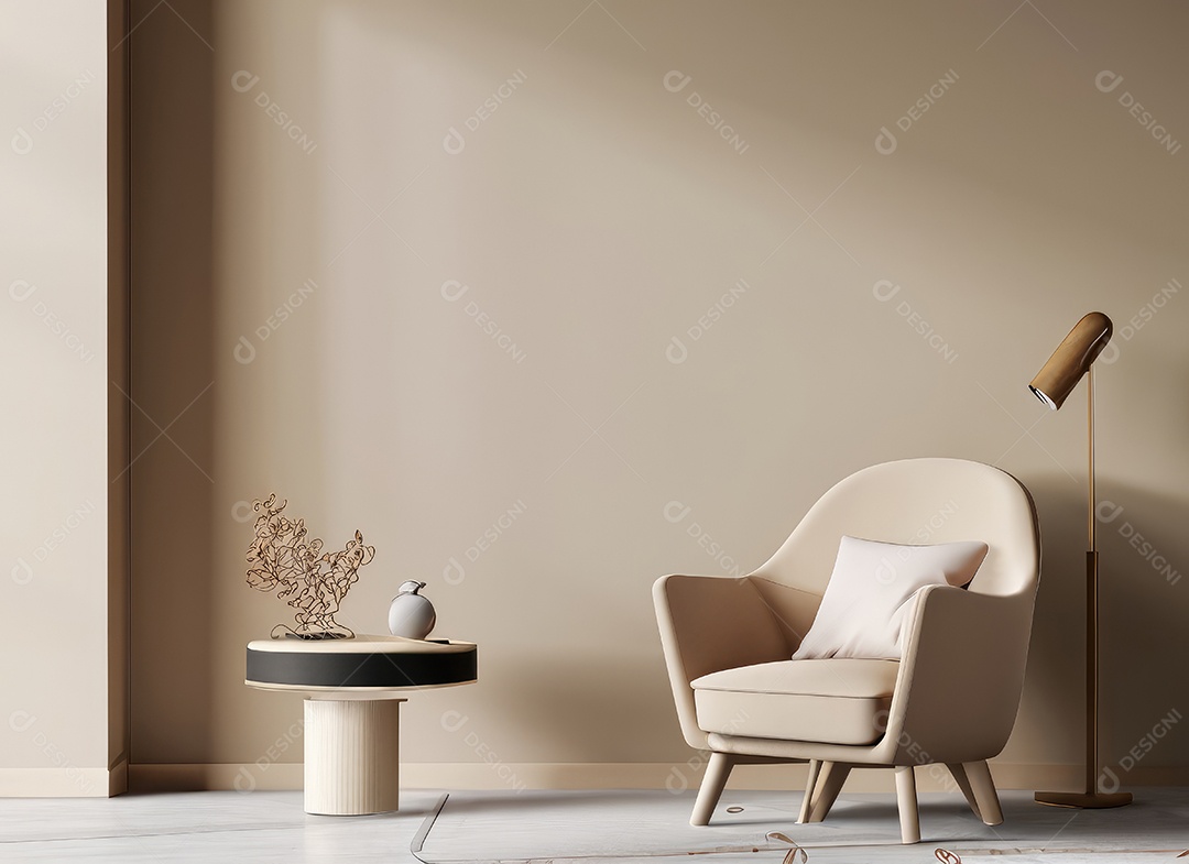 Interior minimalista contemporâneo bege com poltrona