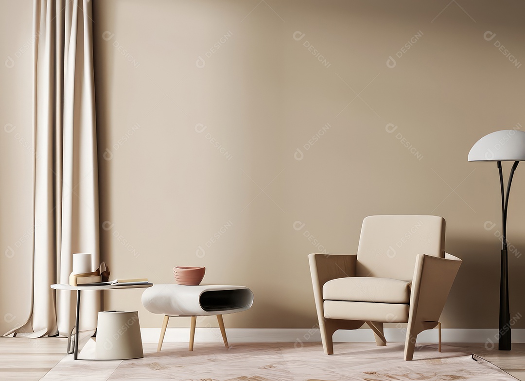 Interior minimalista contemporâneo bege com poltrona