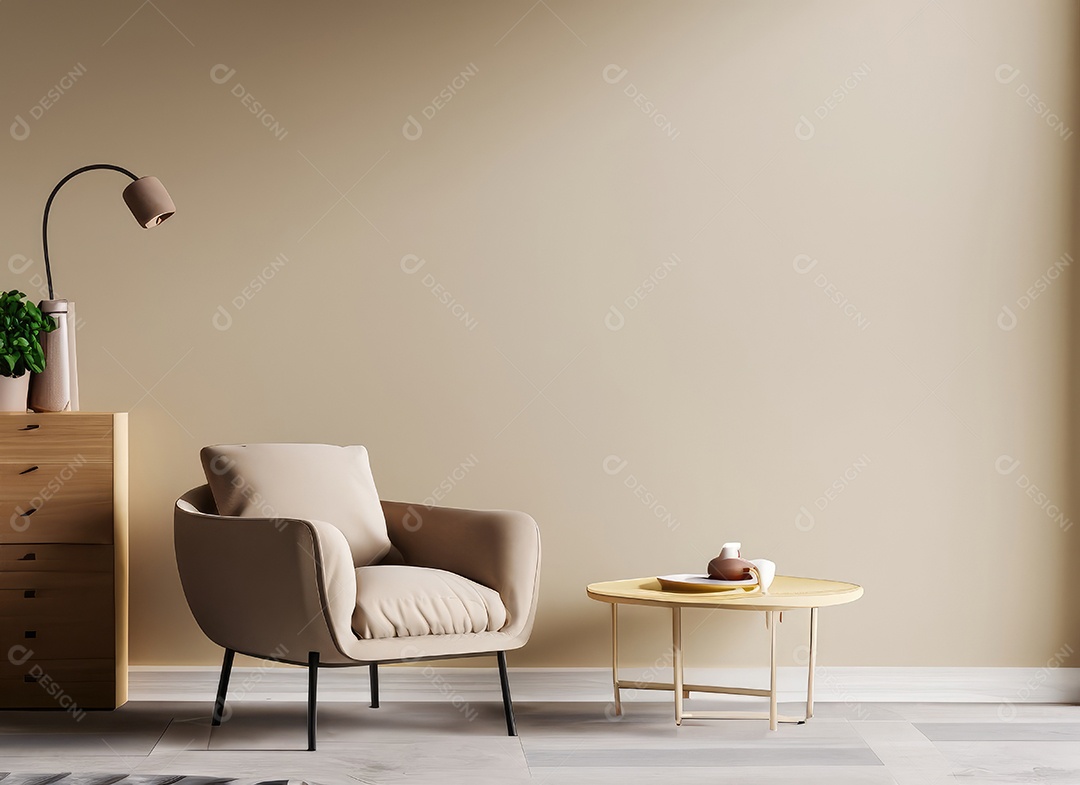 Interior minimalista contemporâneo bege com poltrona