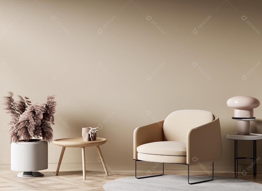 Interior minimalista contemporâneo bege com poltrona