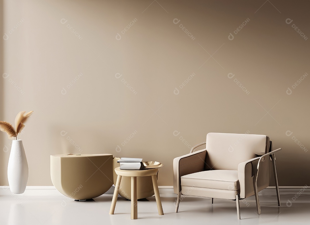 Interior minimalista contemporâneo bege com poltrona