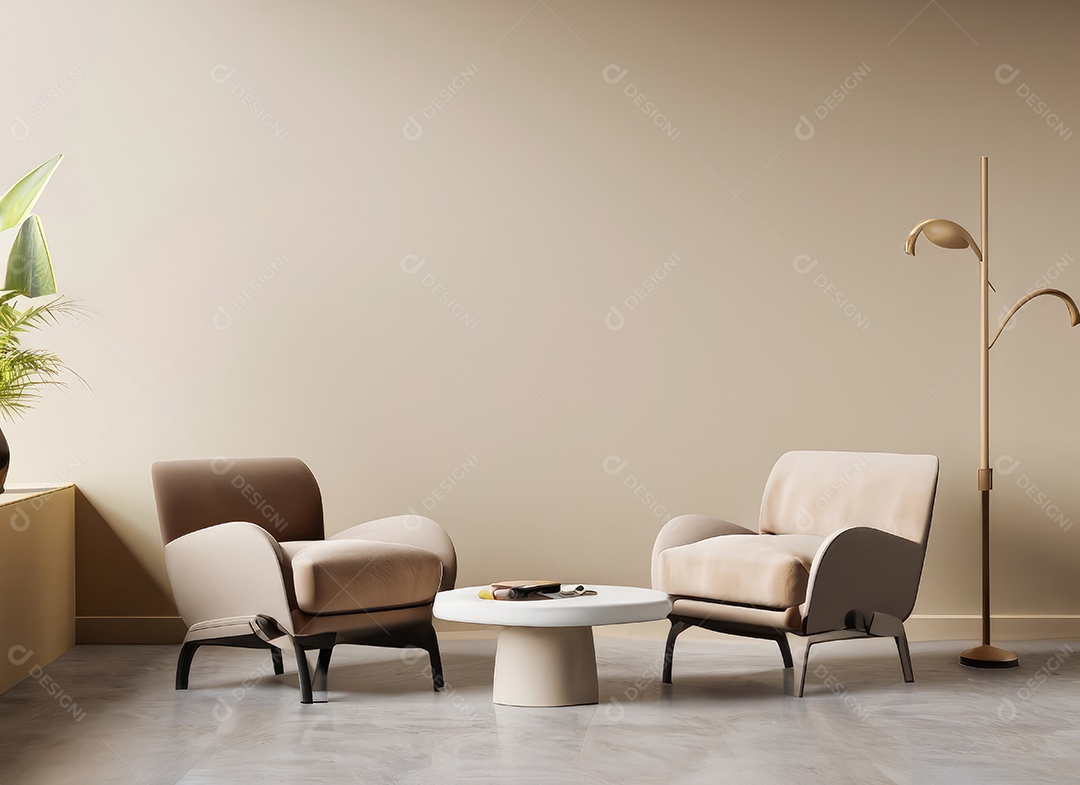 Interior minimalista contemporâneo bege com poltrona