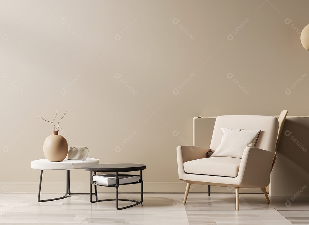 Interior minimalista contemporâneo bege com poltrona