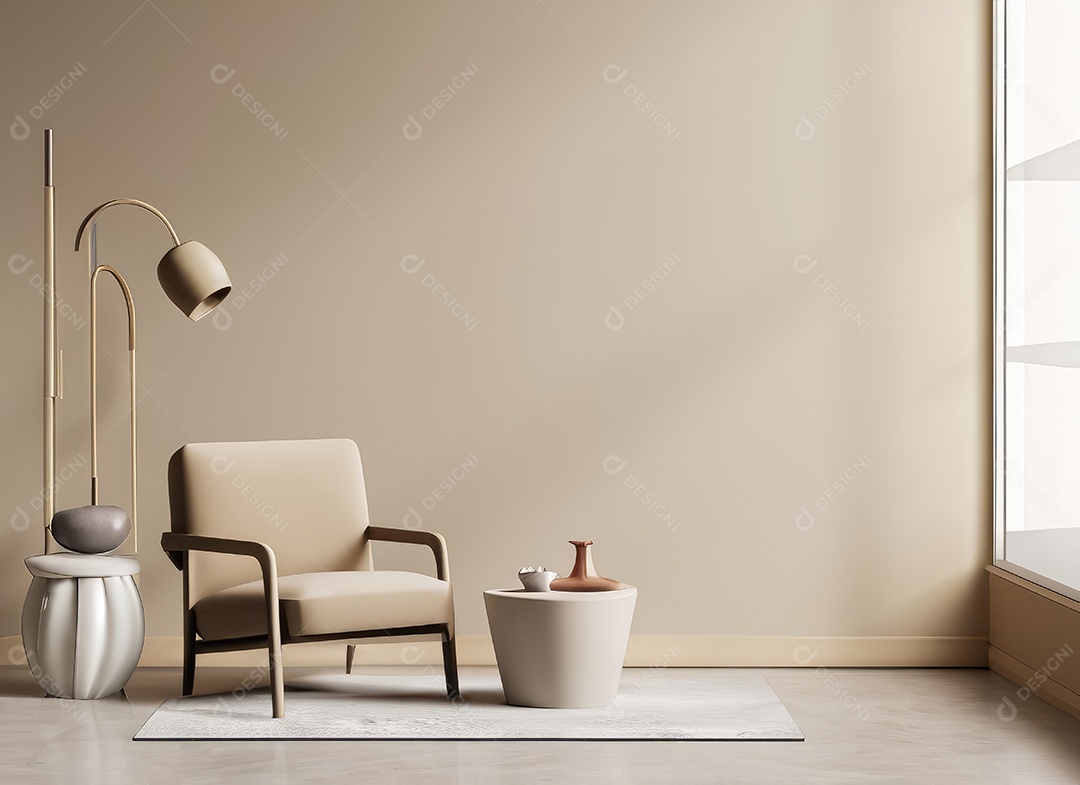 Interior minimalista contemporâneo bege com poltrona
