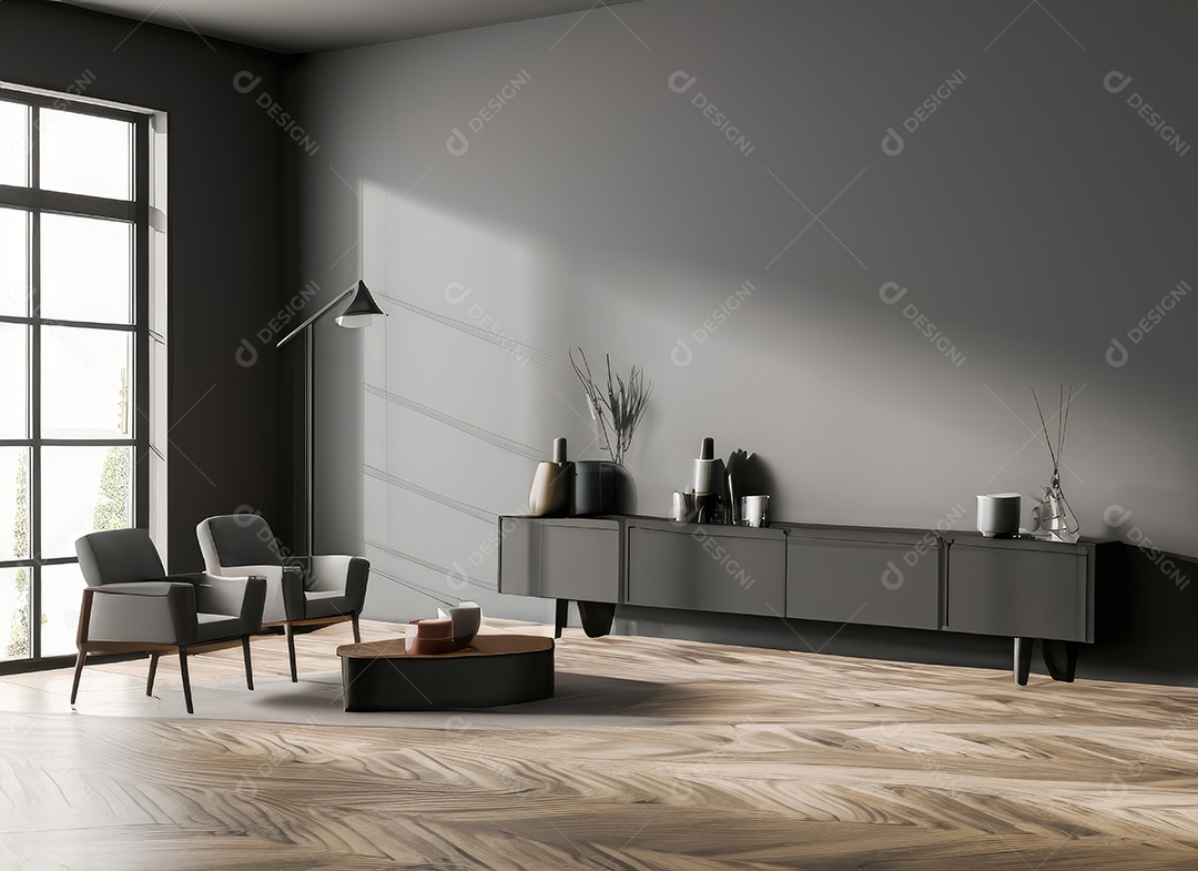 Vista de canto do interior escuro de uma sala de estar com aparador