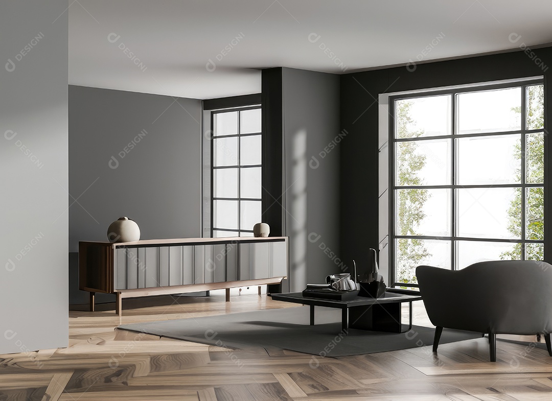 Vista de canto do interior escuro de uma sala de estar com aparador