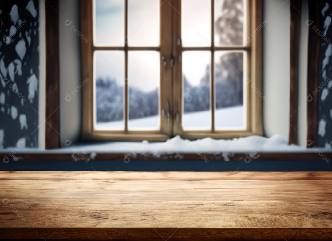 Mesa e janela de inverno em fundo