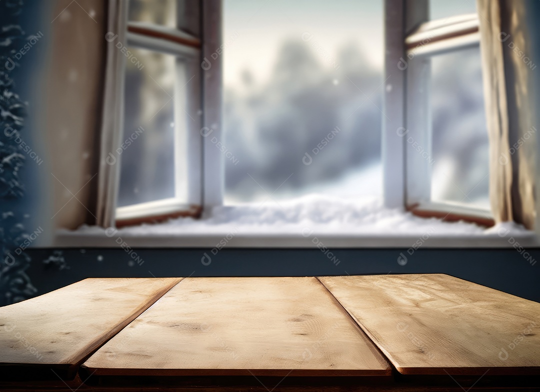 Mesa e janela de inverno em fundo