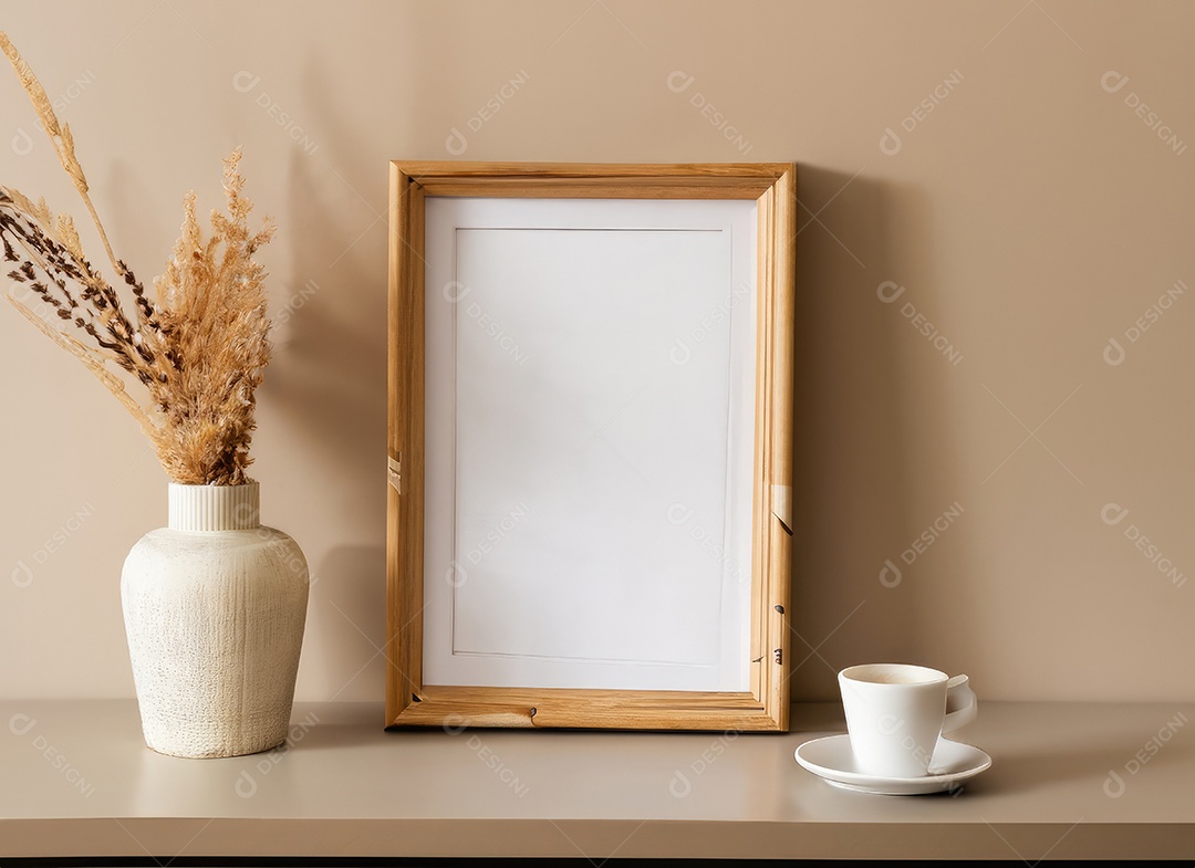 Maquete de porta-retratos de madeira vazia pendurada no fundo da parede bege