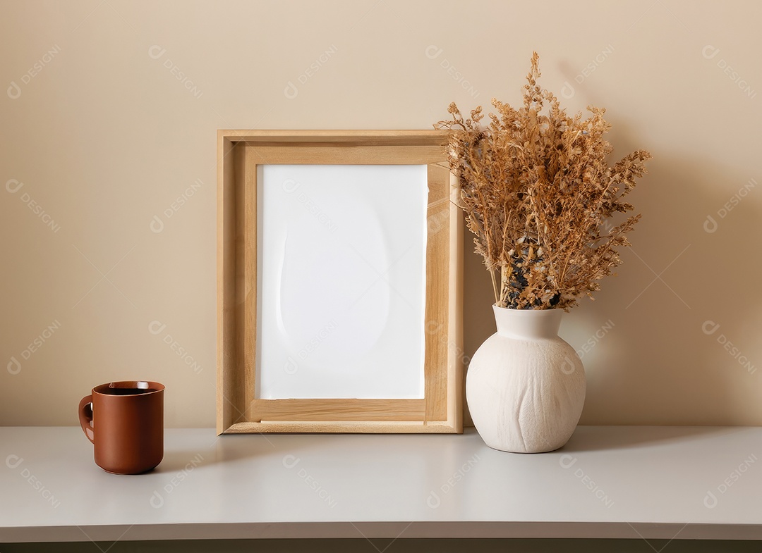 Maquete de porta-retratos de madeira vazia pendurada no fundo da parede bege