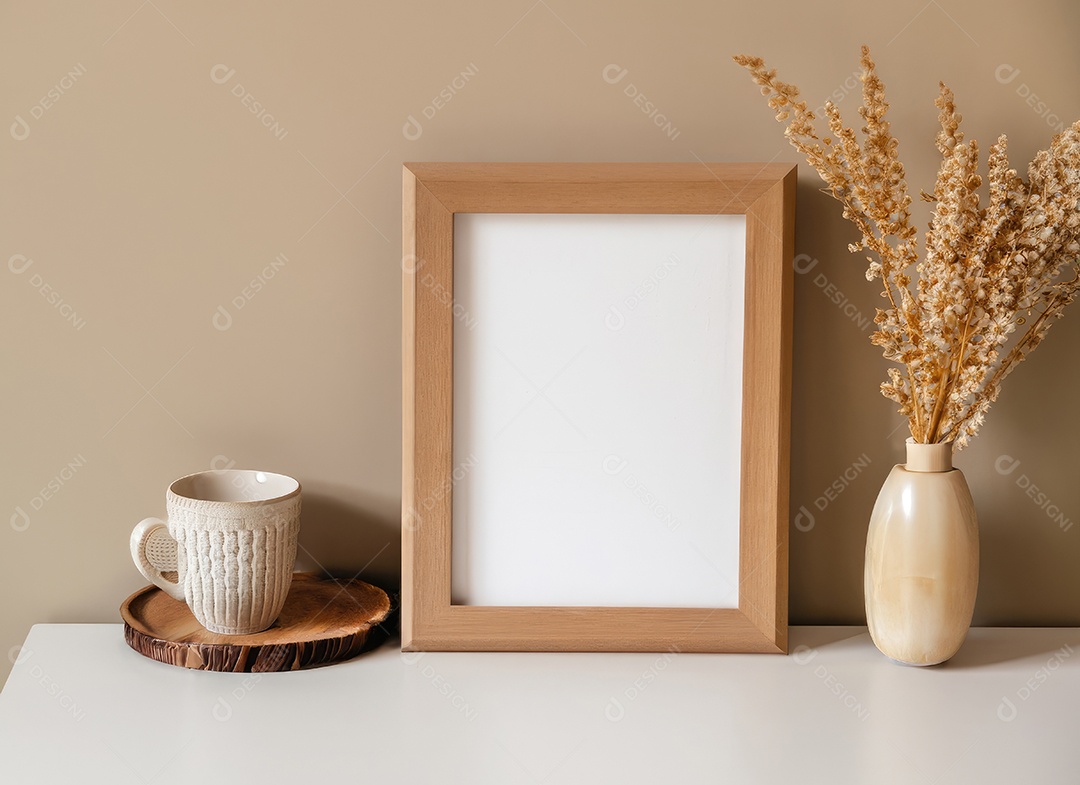 Maquete de porta-retratos de madeira vazia pendurada no fundo da parede bege