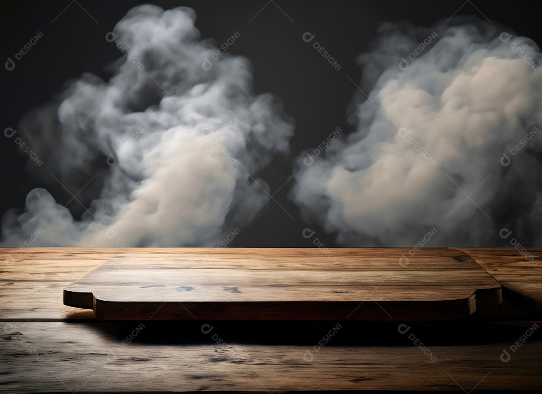 Mesa de madeira vazia com fumaça de nuvem flutuando em fundo escuro