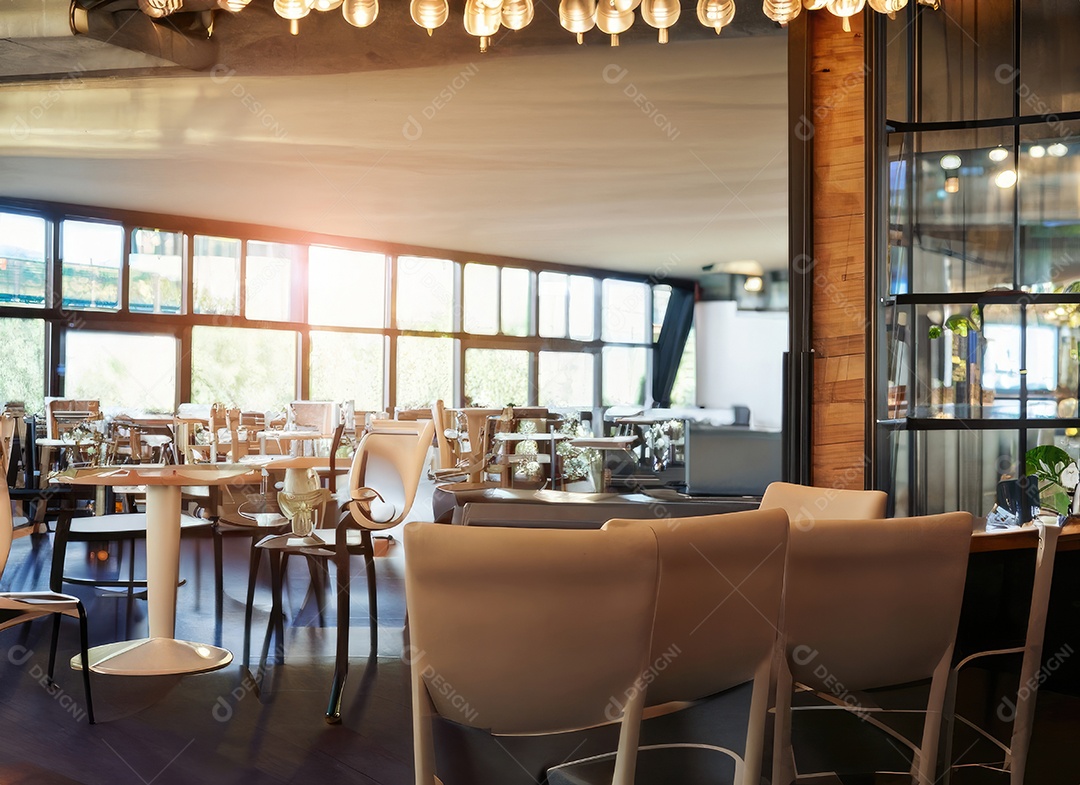 Design de interiores vazio de restaurante moderno e espaço aberto com reflexo de lente durante o dia