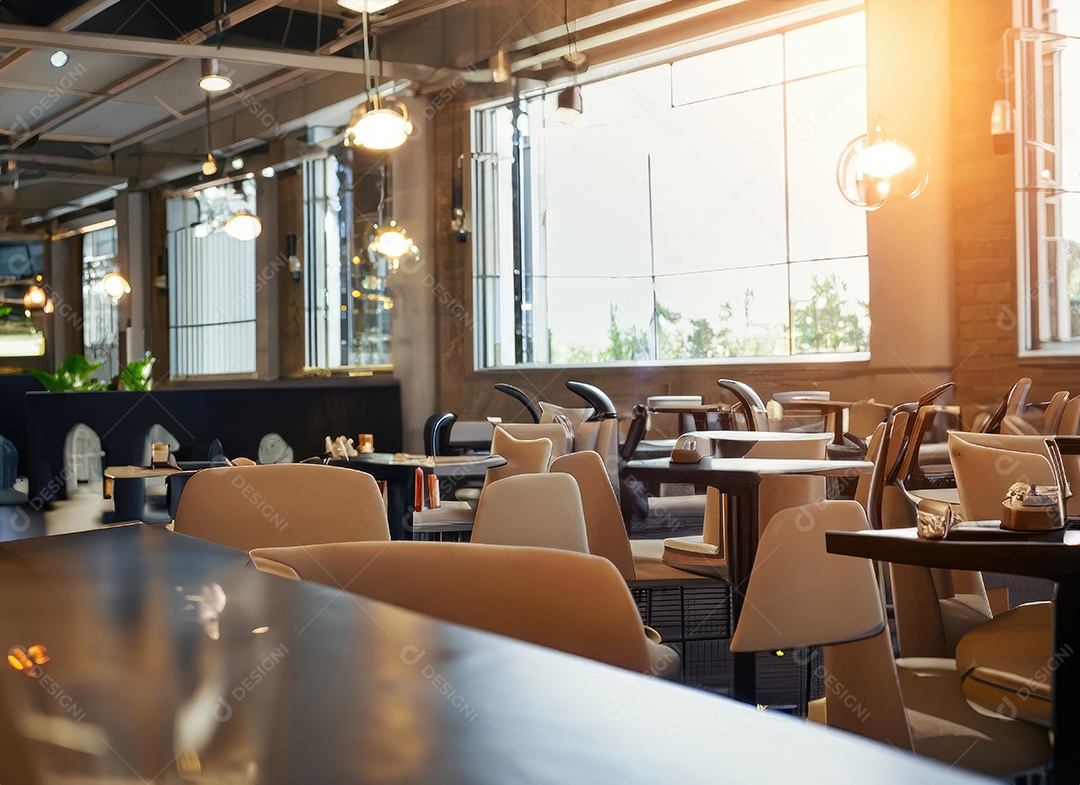 Design de interiores vazio de restaurante moderno e espaço aberto com reflexo de lente durante o dia