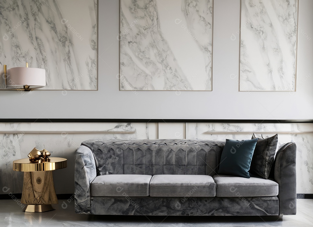 Interior branco minimalista moderno com sofá laranja e mesa de centro.