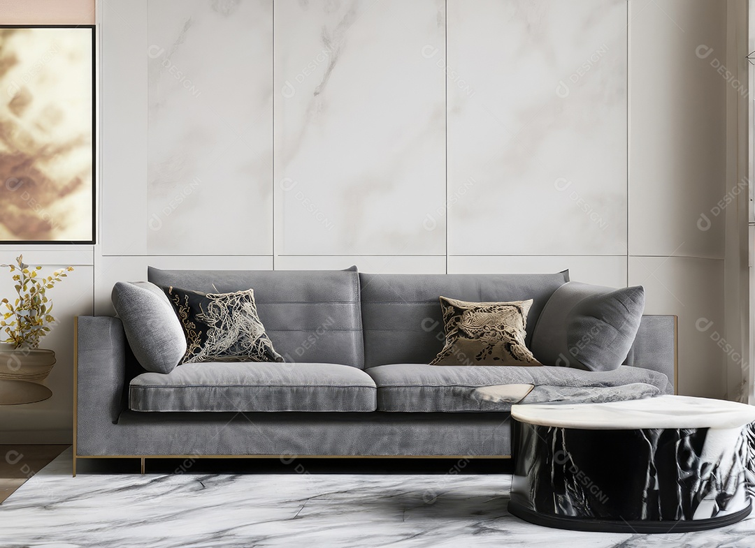 Interior branco minimalista moderno com sofá laranja e mesa de centro.