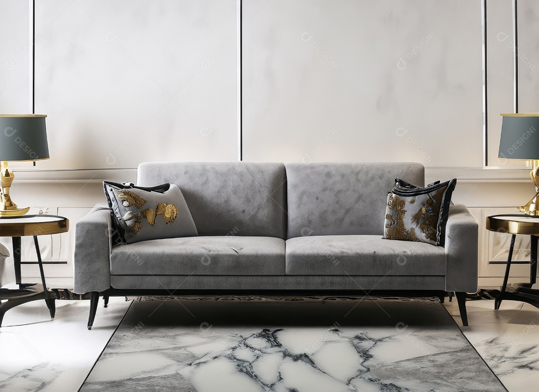 Interior branco minimalista moderno com sofá laranja e mesa de centro.