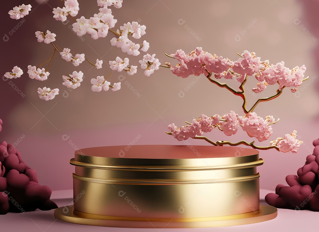 Fundo de estilo japonês. Fundo de flor de cerejeira branca pódio 3d para apresentação do produto.