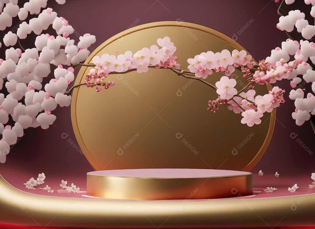 Fundo de estilo japonês. Fundo de flor de cerejeira branca pódio 3d para apresentação do produto.