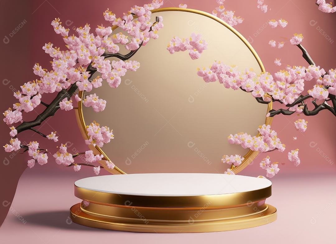 Fundo de estilo japonês. Fundo de flor de cerejeira branca pódio 3d para apresentação do produto.