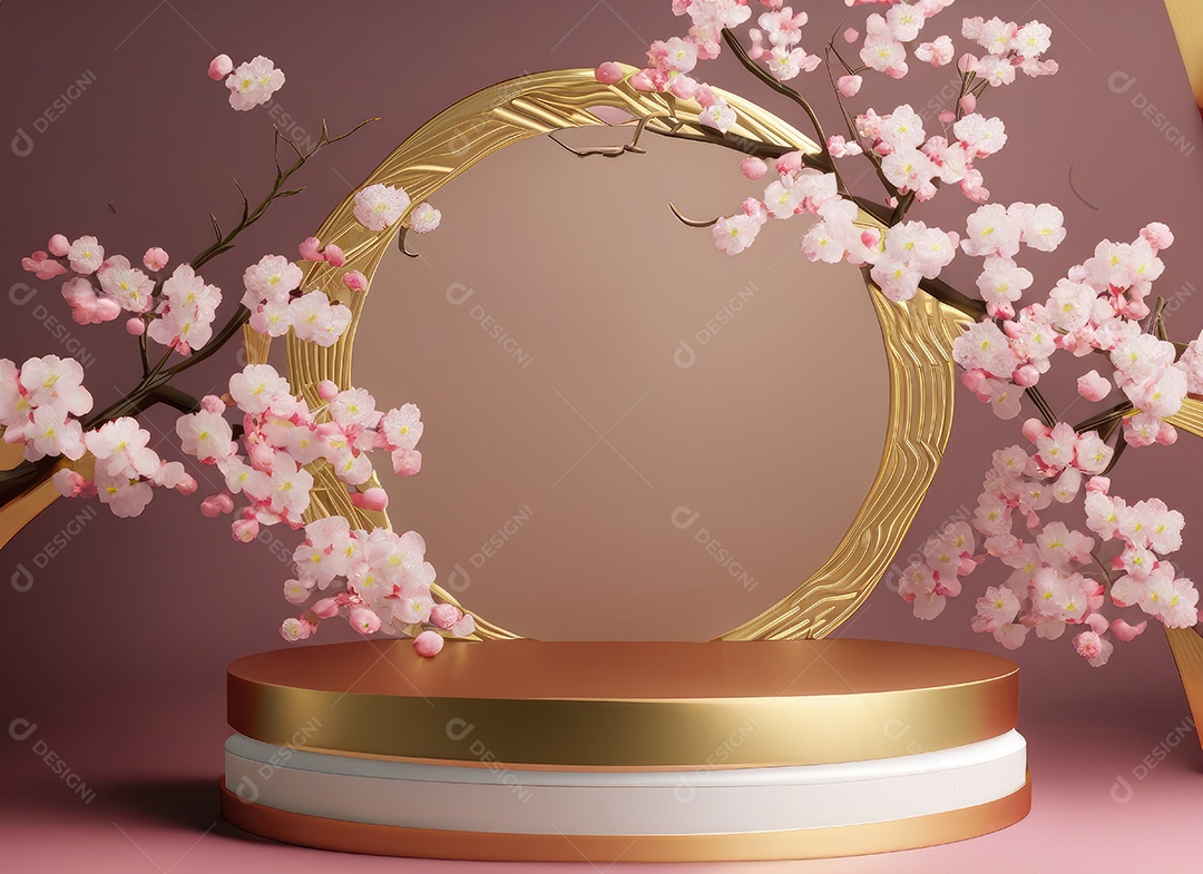 Fundo de estilo japonês. Fundo de flor de cerejeira branca pódio 3d para apresentação do produto.