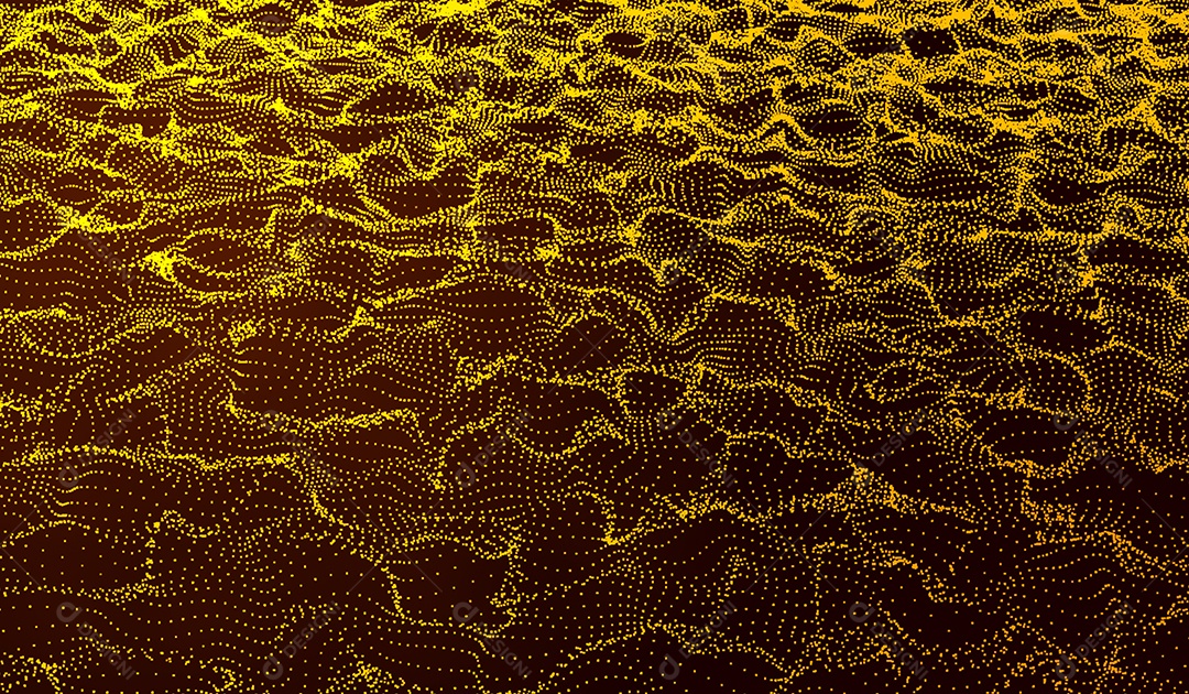 Tecnologia abstrata onda de água rio partículas de luz amarelo-laranja em fundo vermelho