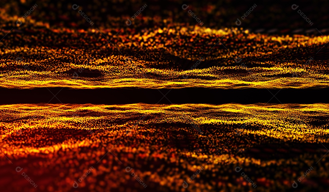 Tecnologia digital abstrata onda de partículas laranja-ouro em fundo vermelho