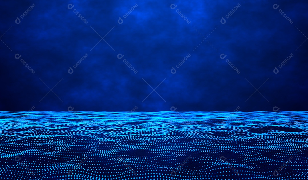 Tecnologia digital abstrata partículas de luz azul ondas de água em fundo gradiente azul