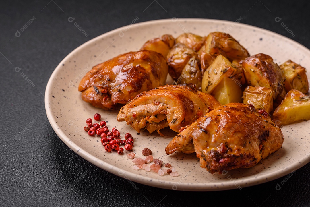 Delicioso kebab de frango fresco com sal, especiarias e ervas sobre um fundo escuro de concreto