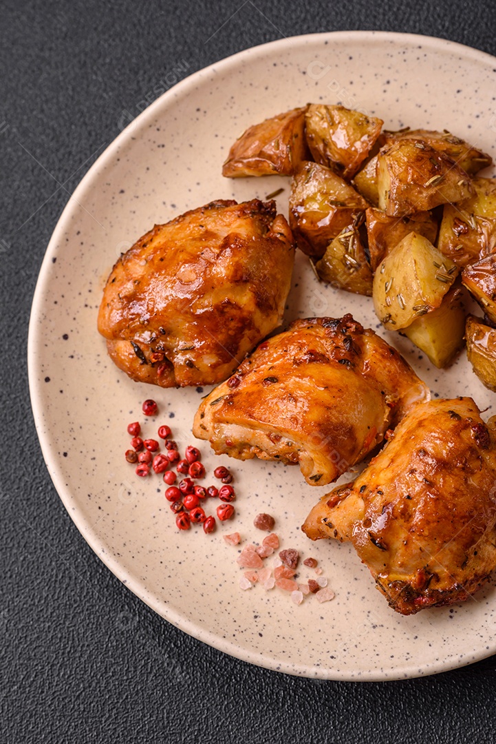 Delicioso kebab de frango fresco com sal, especiarias e ervas sobre um fundo escuro de concreto