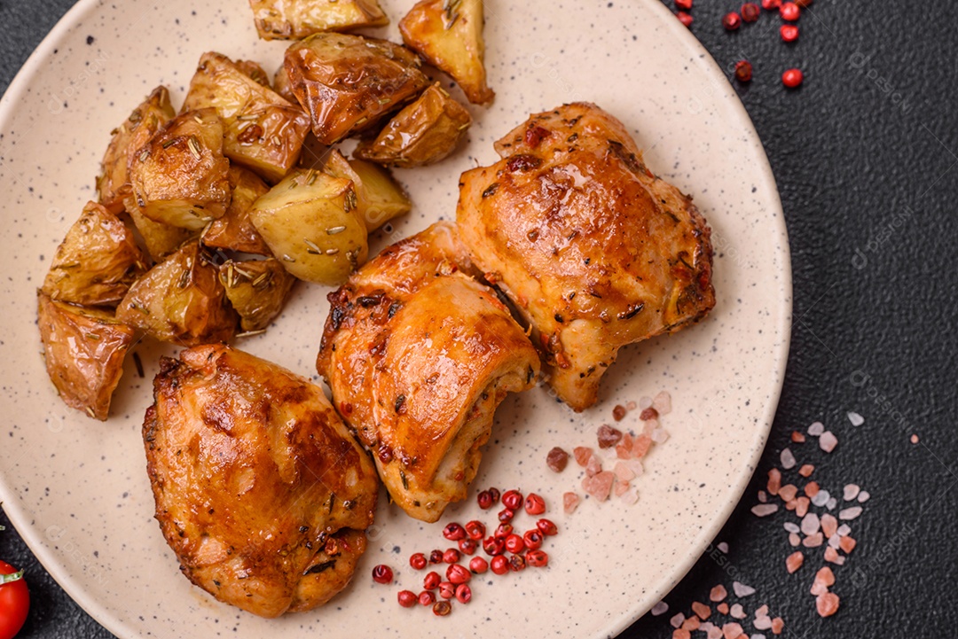 Delicioso kebab de frango fresco com sal, especiarias e ervas sobre um fundo escuro de concreto