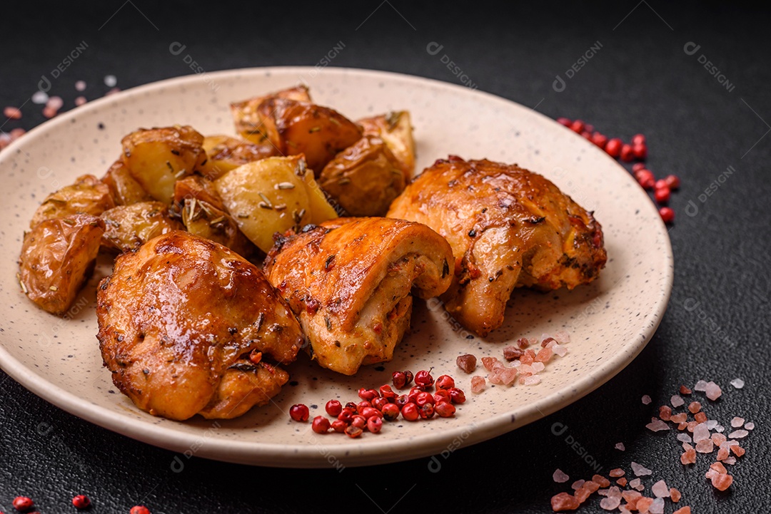 Delicioso kebab de frango fresco com sal, especiarias e ervas sobre um fundo escuro de concreto