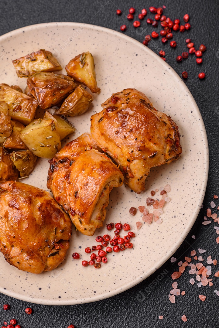 Delicioso kebab de frango fresco com sal, especiarias e ervas sobre um fundo escuro de concreto