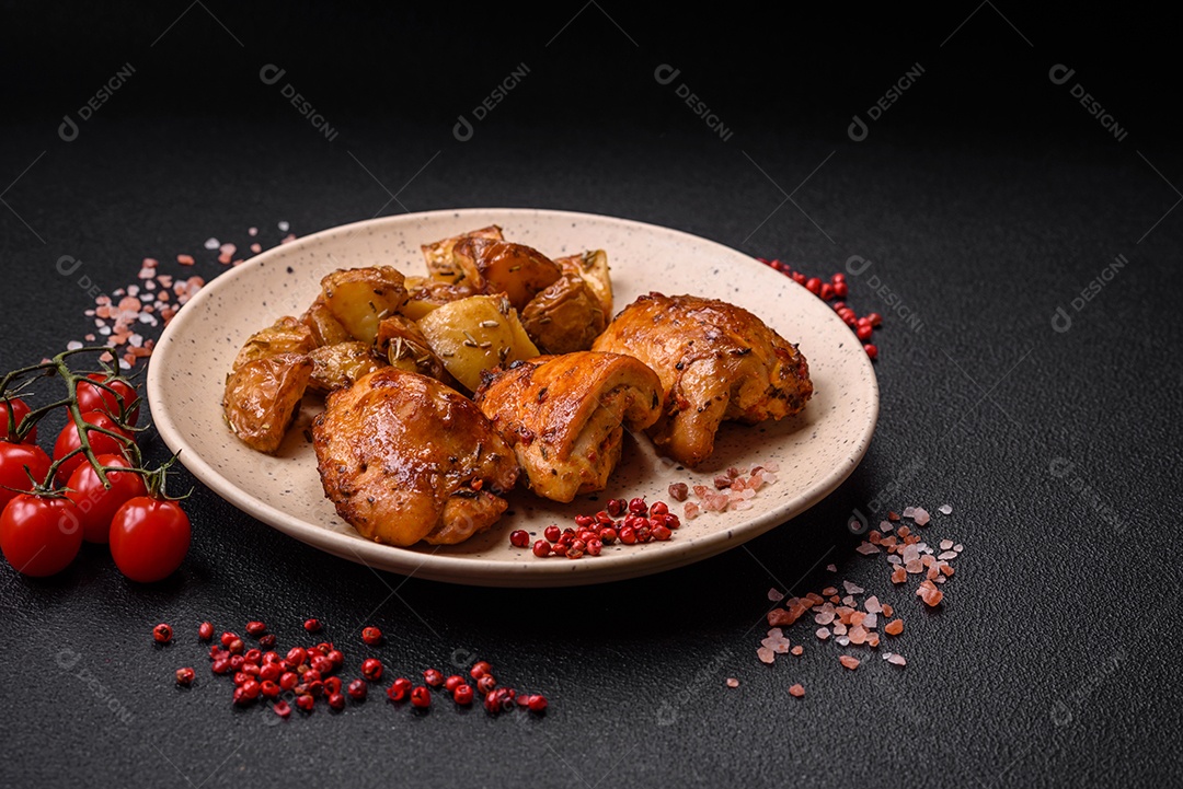 Delicioso kebab de frango fresco com sal, especiarias e ervas sobre um fundo escuro de concreto